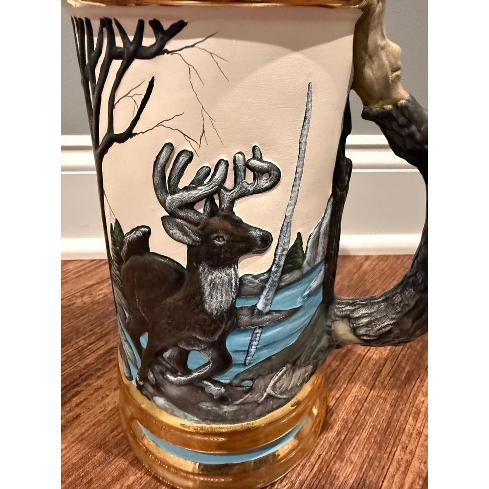Vintage Deer Wildlife Ceramic Beer Stein Hand Painted Forest Scene with‎ Lid